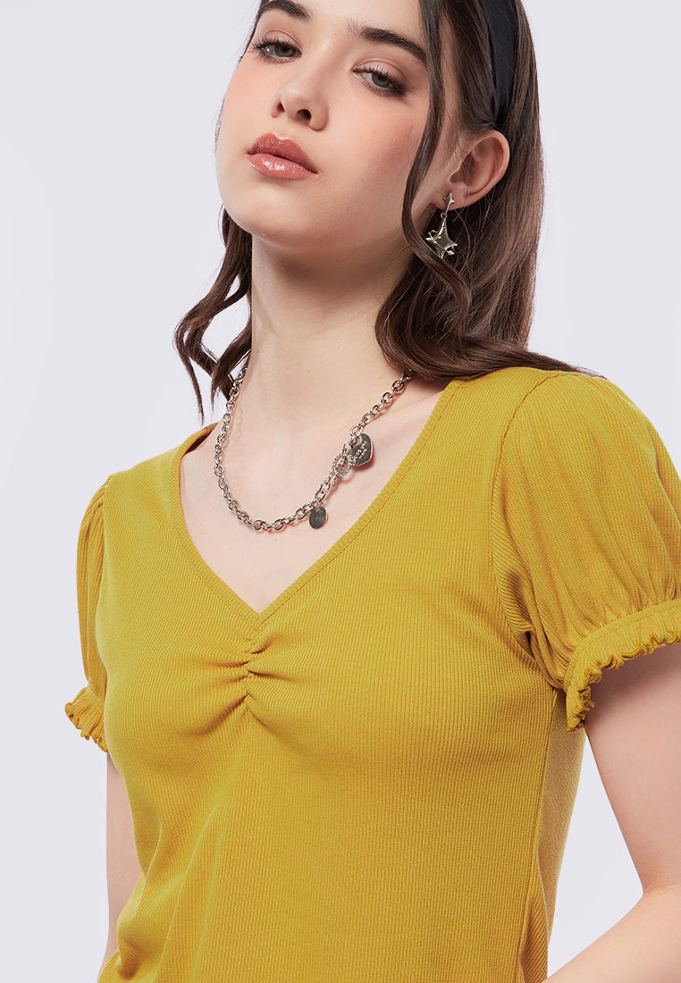 Puff Sleeve V-Neck Rib Top