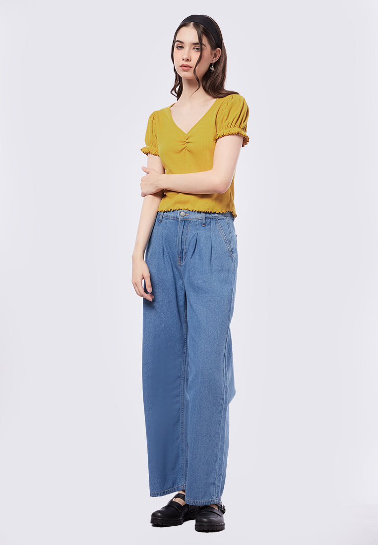 Puff Sleeve V-Neck Rib Top