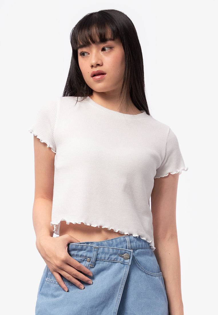 Short Sleeve Waffle Top Off White