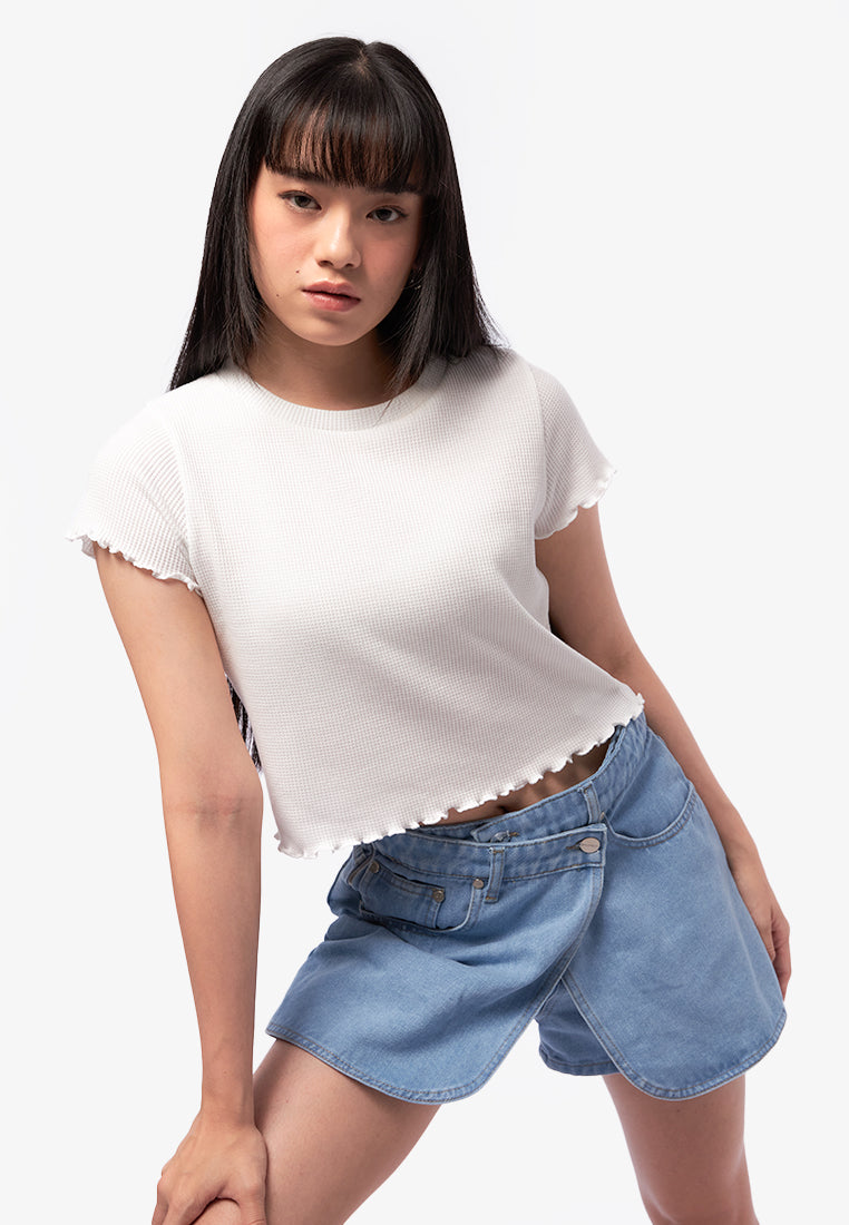 Short Sleeve Waffle Top Off White