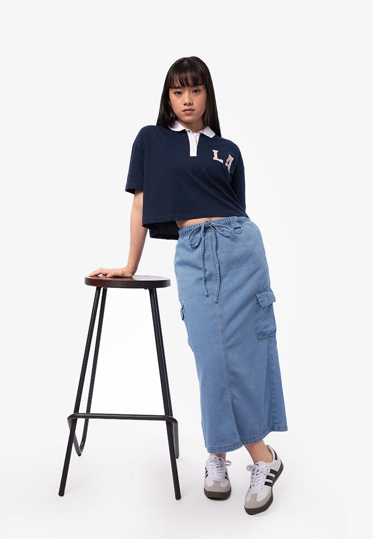 Short Sleeve Crop Polo Shirt Navy