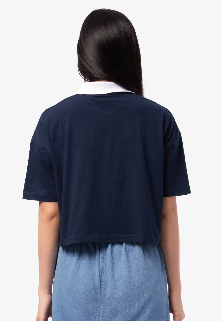 Short Sleeve Crop Polo Shirt Navy