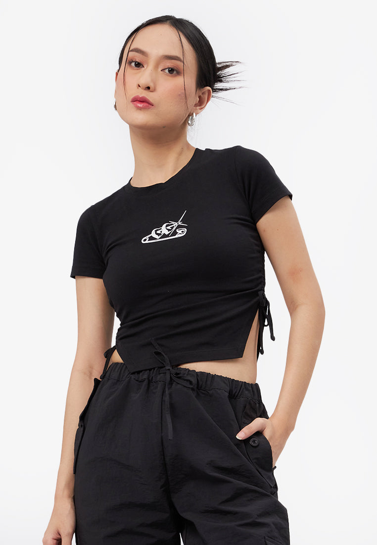 Side Ruched Graphic T-Shirt Black