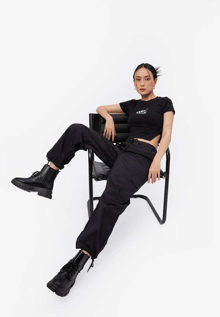 Side Ruched Graphic T-Shirt Black
