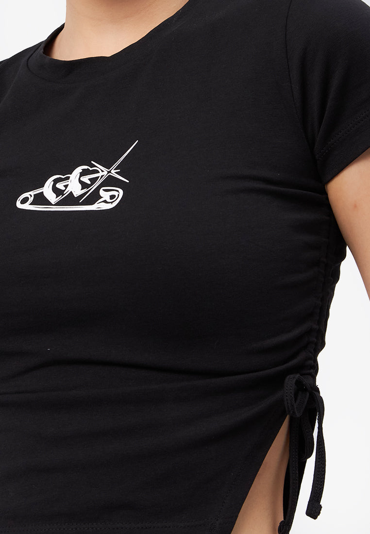 Side Ruched Graphic T-Shirt Black