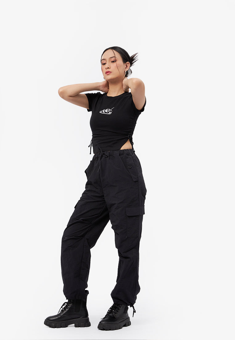 Side Ruched Graphic T-Shirt Black