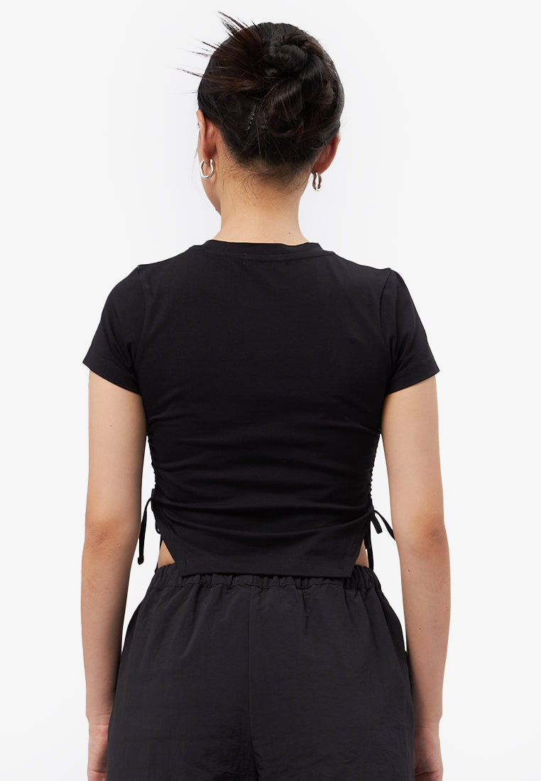 Side Ruched Graphic T-Shirt Black