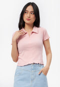 Half Zip Short Sleeve Rib Top L.Pink