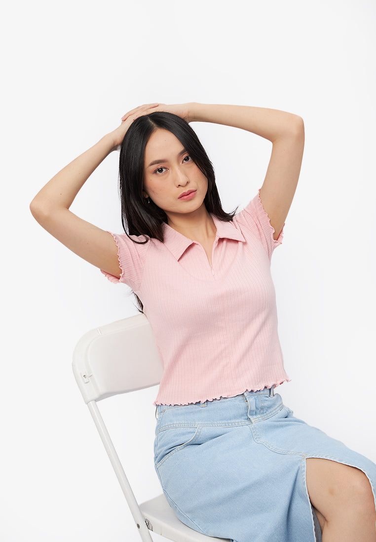 Half Zip Short Sleeve Rib Top L.Pink