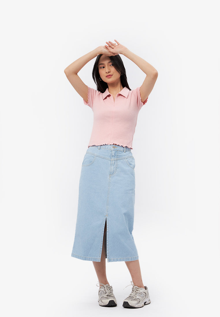 Half Zip Short Sleeve Rib Top L.Pink