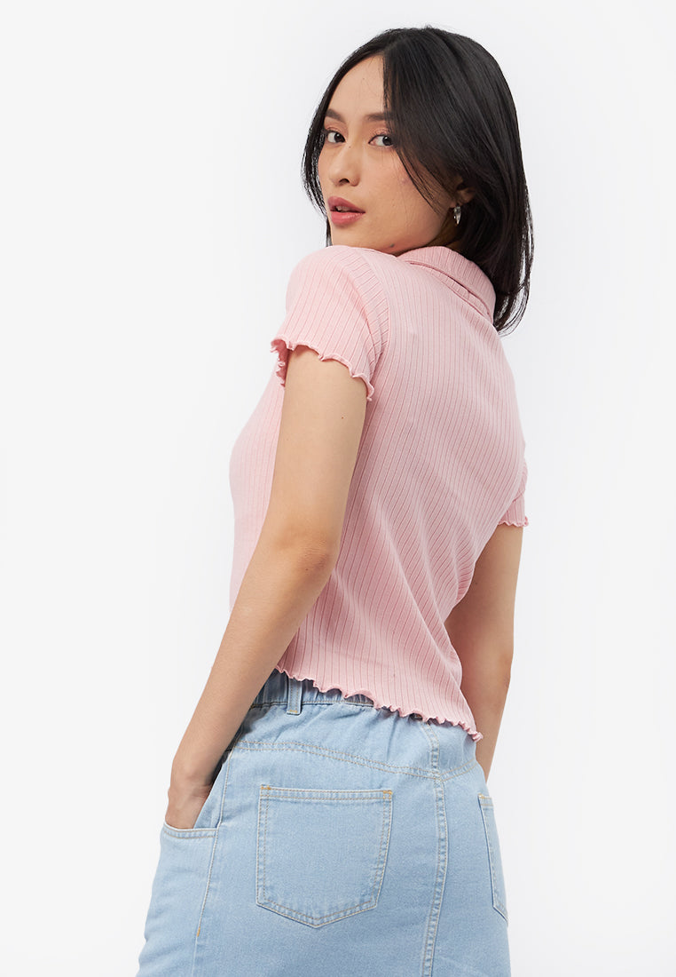 Half Zip Short Sleeve Rib Top L.Pink