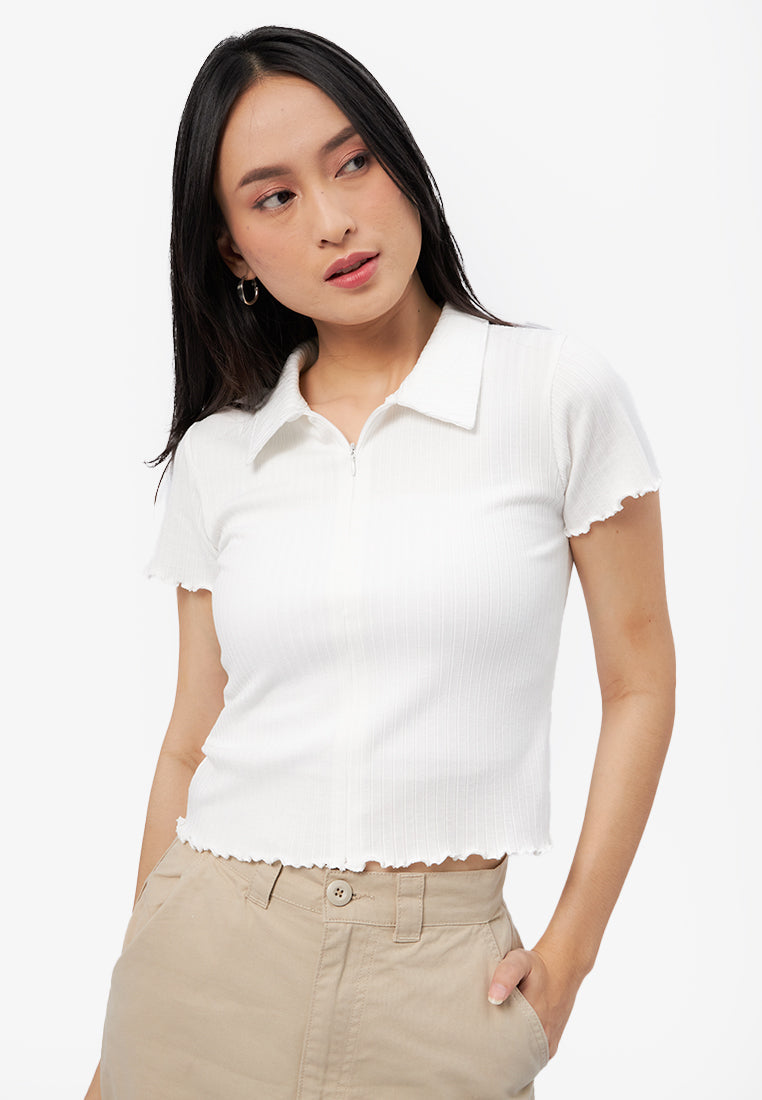 Half Zip Short Sleeve Rib Top Off White