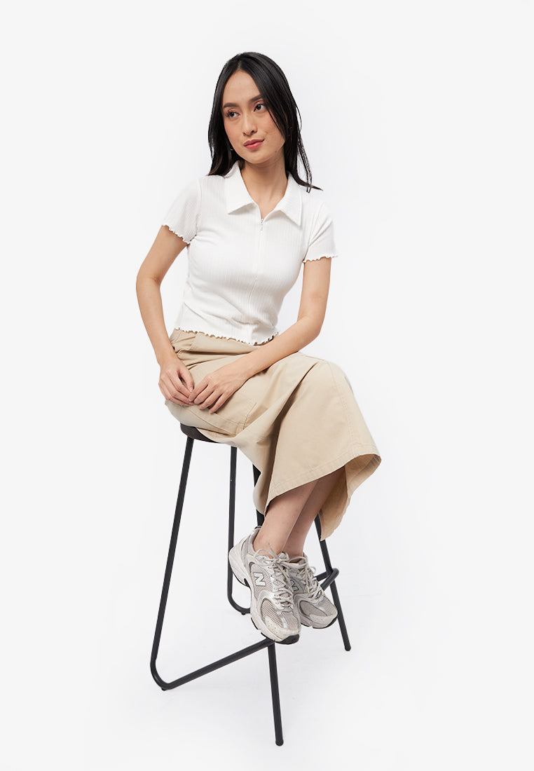 Half Zip Short Sleeve Rib Top Off White