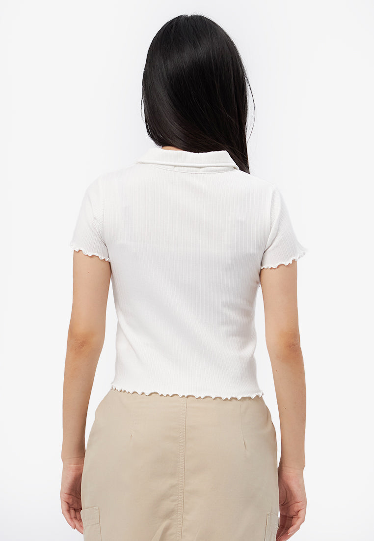 Half Zip Short Sleeve Rib Top Off White