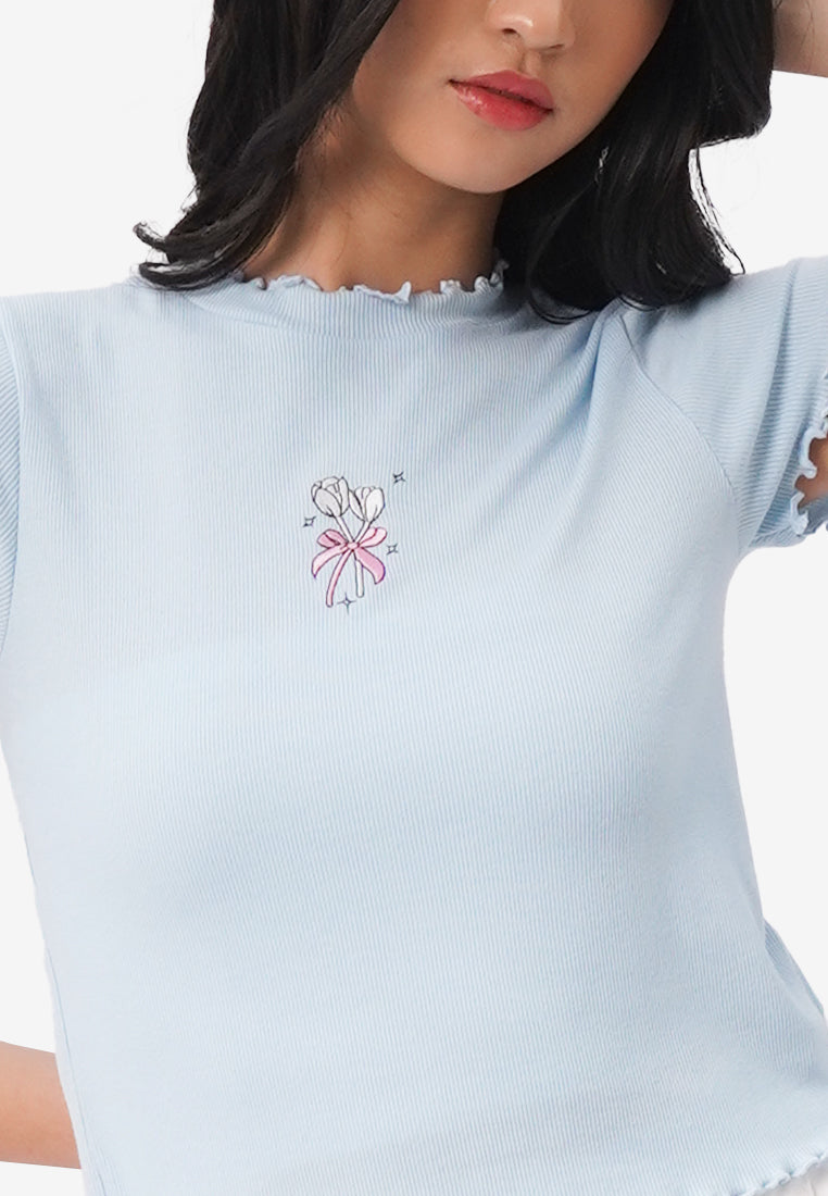High Neck Lettuce Hem Top L.Blue