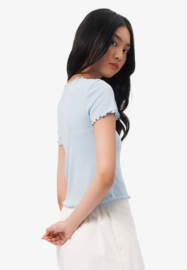 High Neck Lettuce Hem Top L.Blue