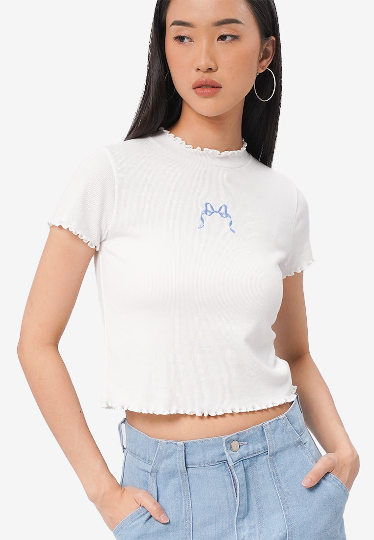 High Neck Lettuce Hem Top Off White