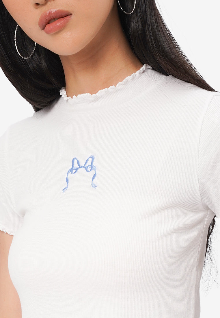 High Neck Lettuce Hem Top Off White