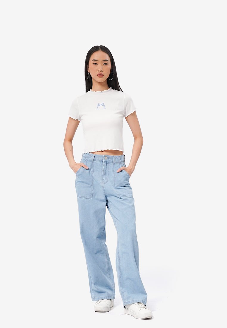 High Neck Lettuce Hem Top Off White