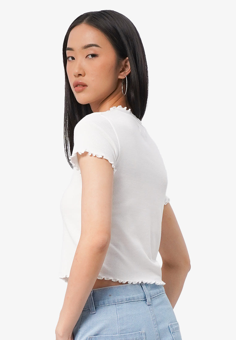 High Neck Lettuce Hem Top Off White