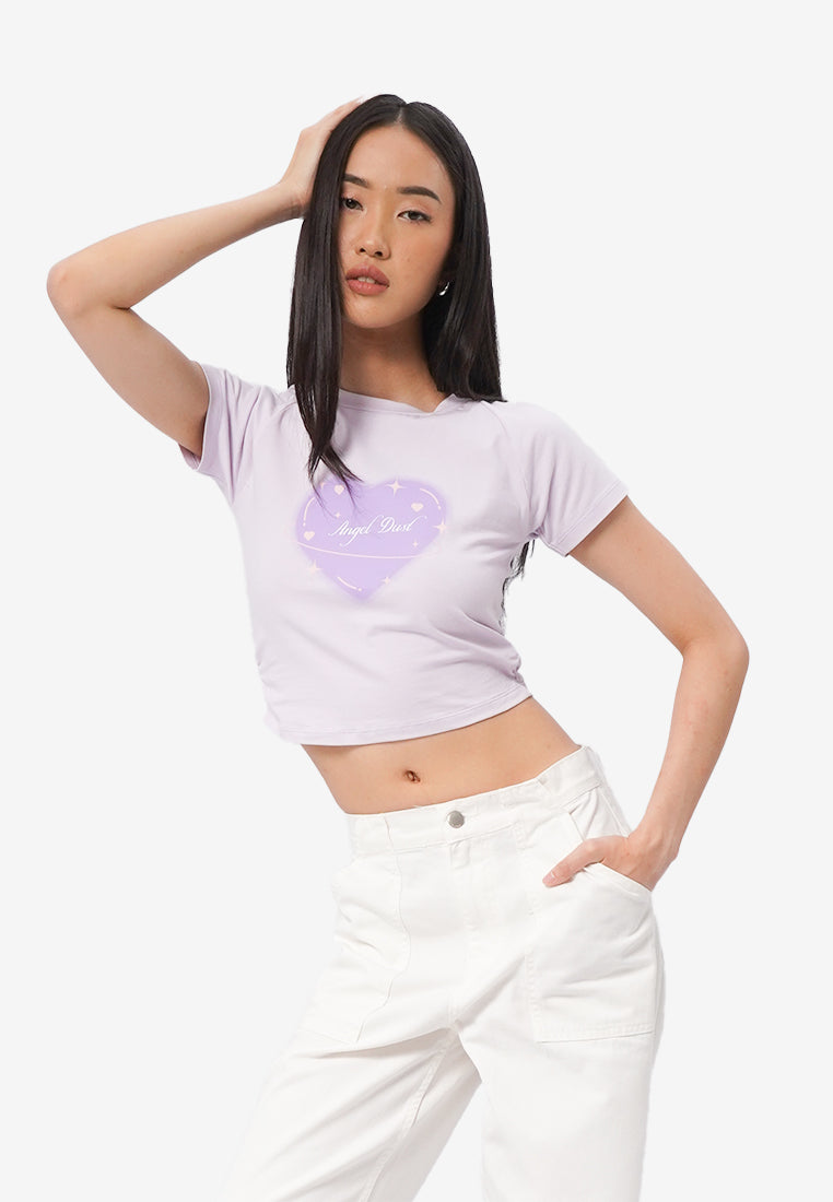 Side Ruched Raglan Graphic T-Shirt Lilac