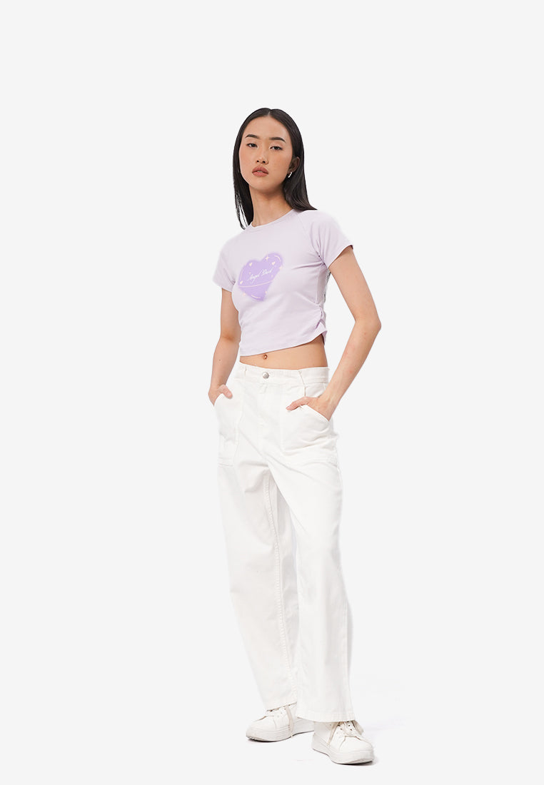 Side Ruched Raglan Graphic T-Shirt Lilac