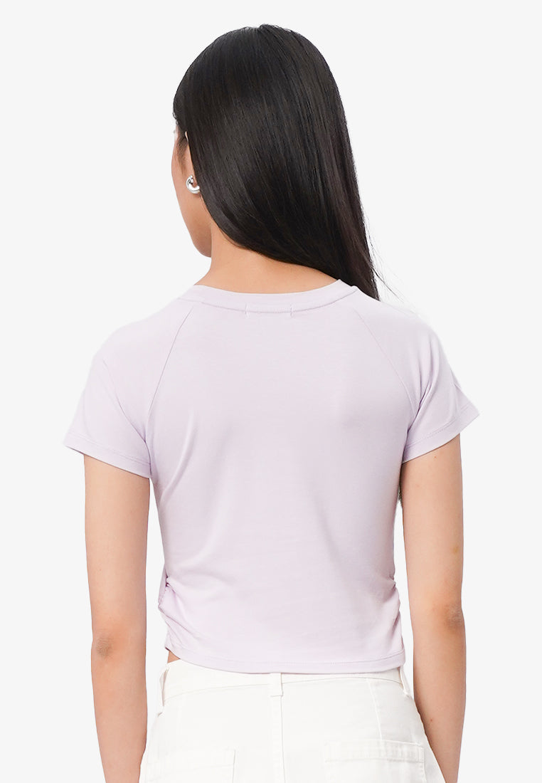 Side Ruched Raglan Graphic T-Shirt Lilac