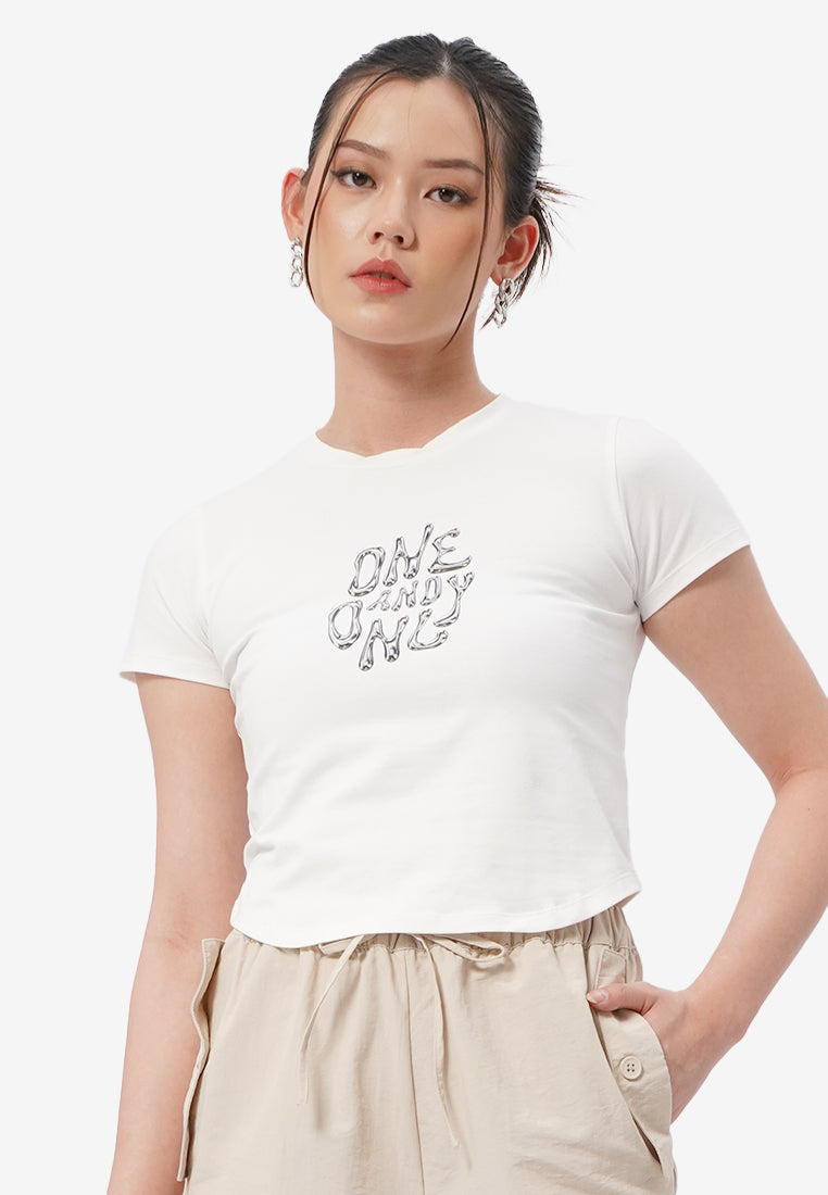 Round Hem Graphic Crop T-Shirt Off White