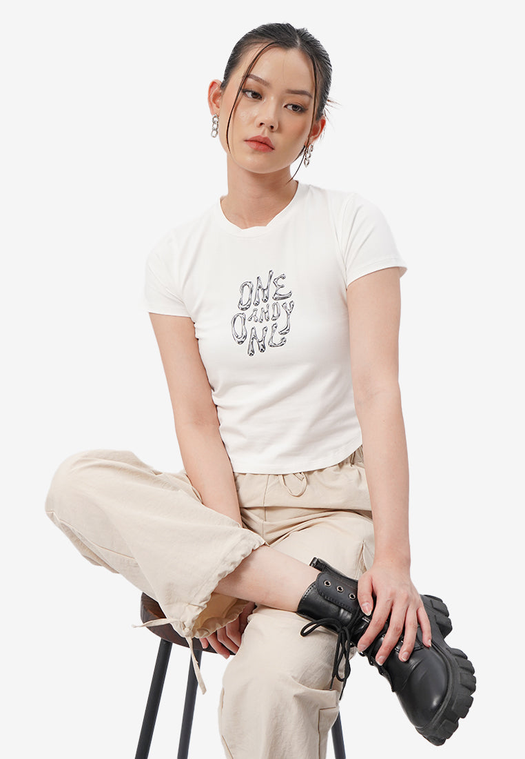 Round Hem Graphic Crop T-Shirt Off White