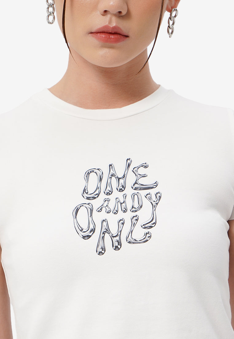 Round Hem Graphic Crop T-Shirt Off White