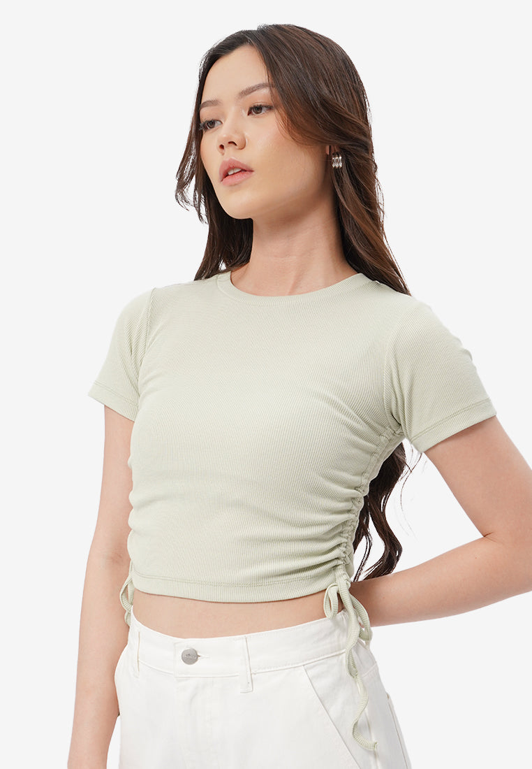 Drawstring Details Ribbed Top Sage