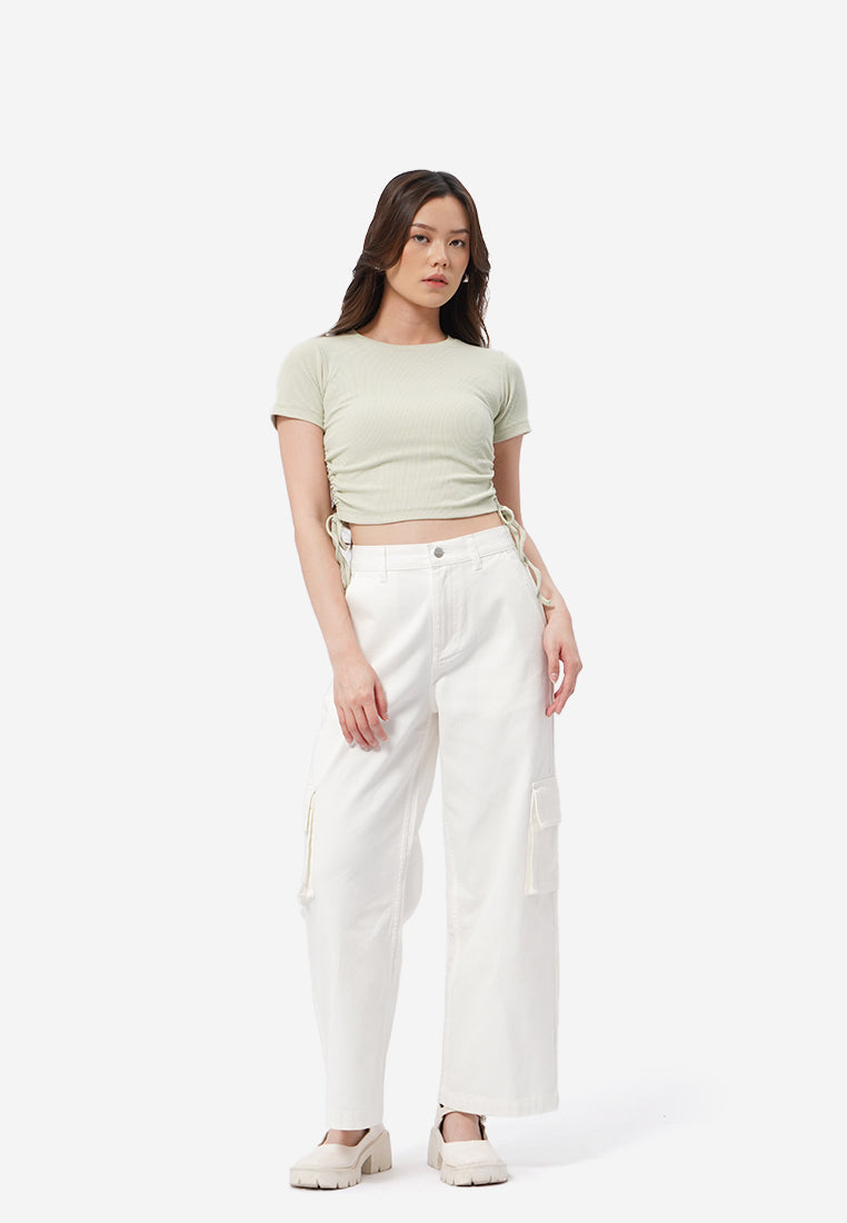 Drawstring Details Ribbed Top Sage
