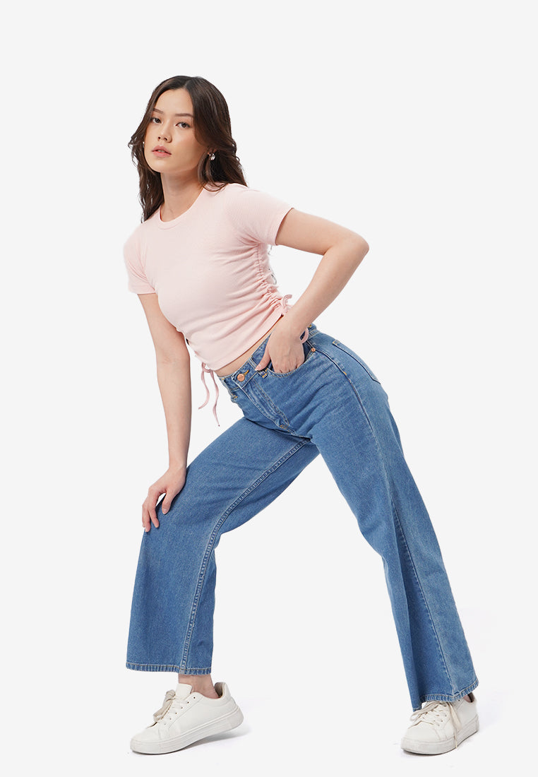 Drawstring Details Ribbed Top L.Pink