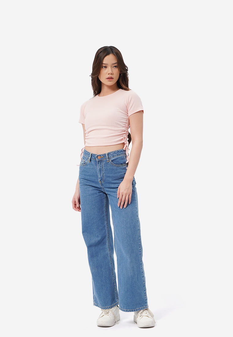 Drawstring Details Ribbed Top L.Pink