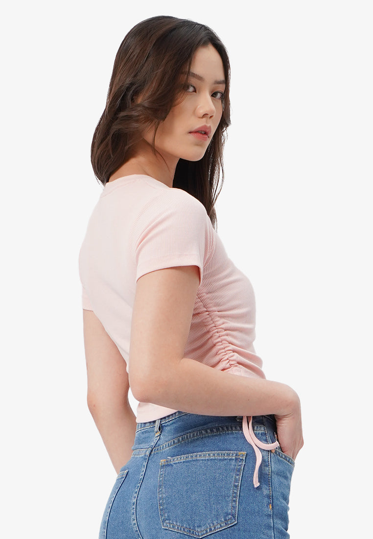 Drawstring Details Ribbed Top L.Pink