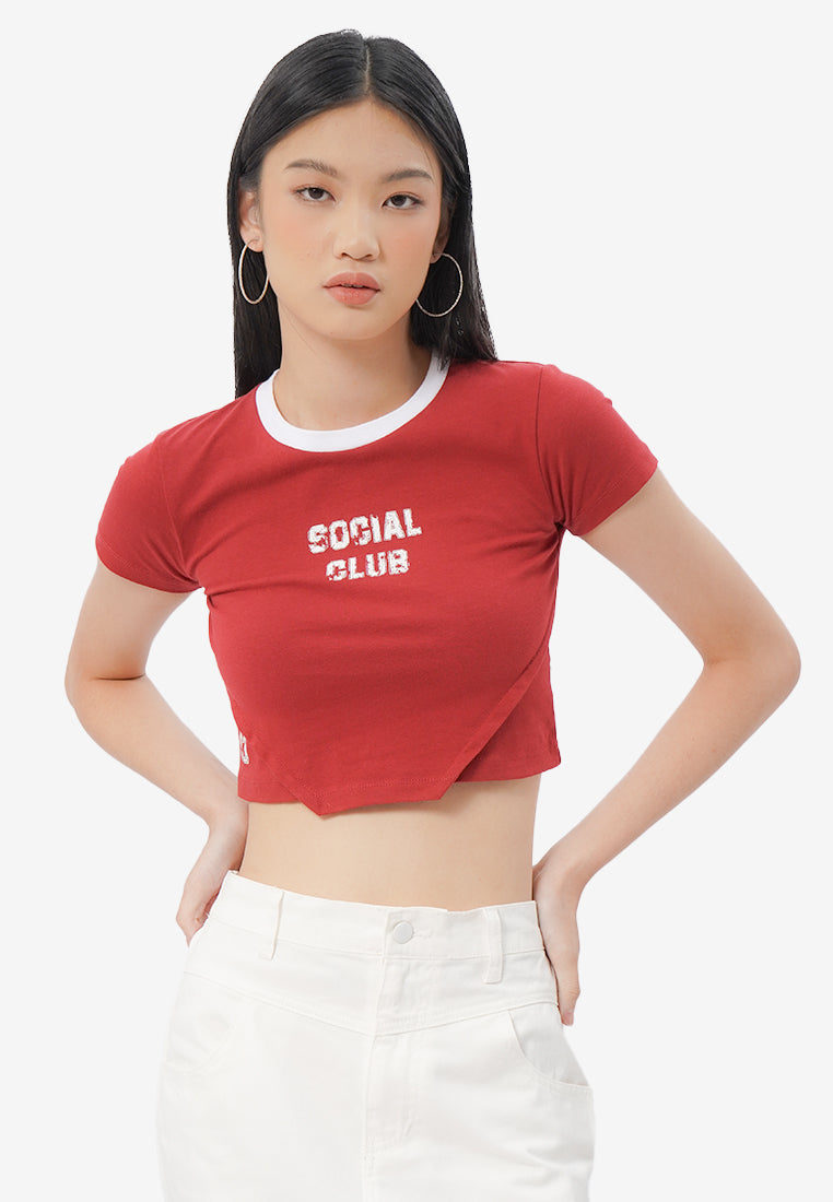 Contrast Neck Cropped T-Shirt Red