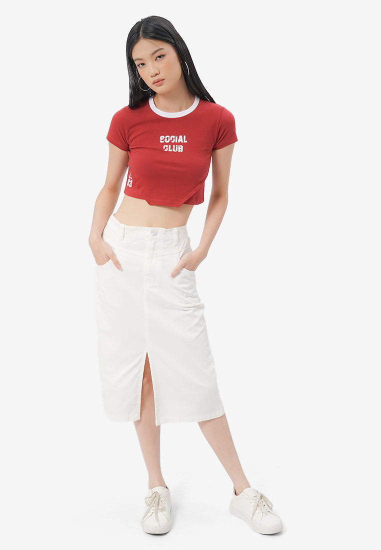 Contrast Neck Cropped T-Shirt Red