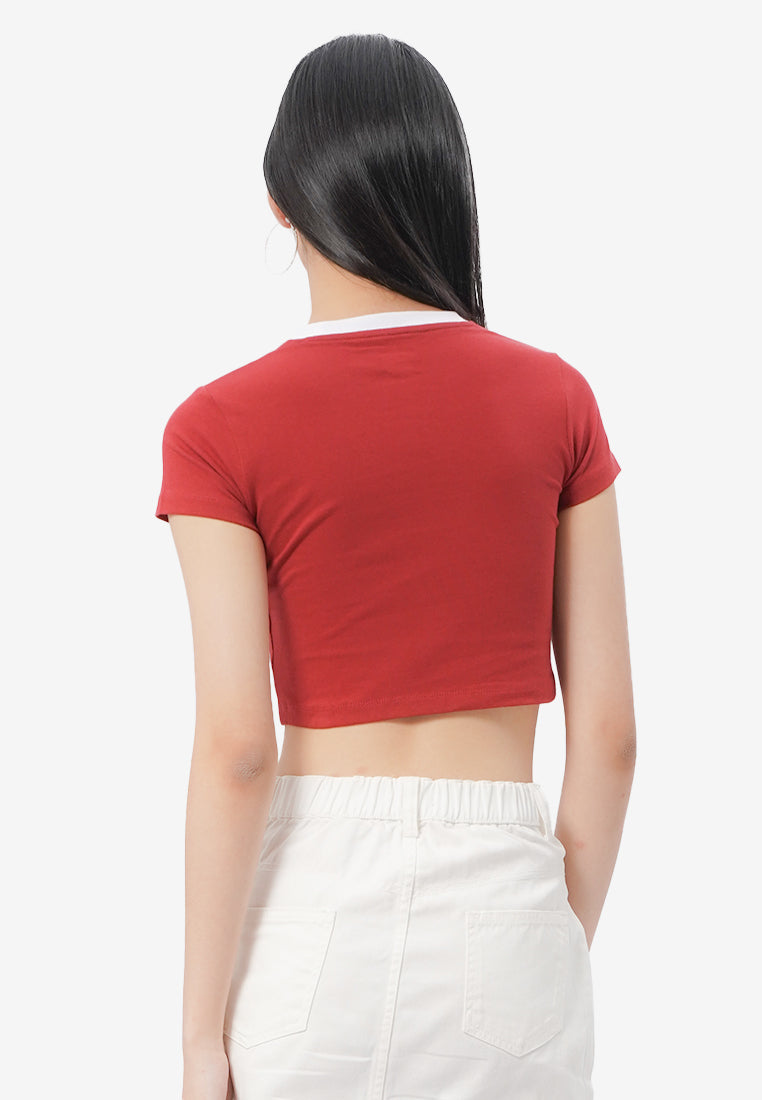 Contrast Neck Cropped T-Shirt Red
