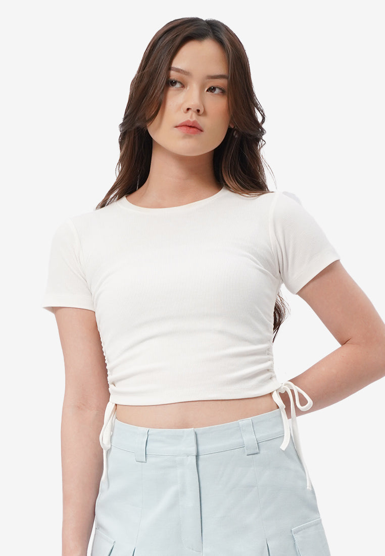 Drawstring Details Ribbed Top Off White