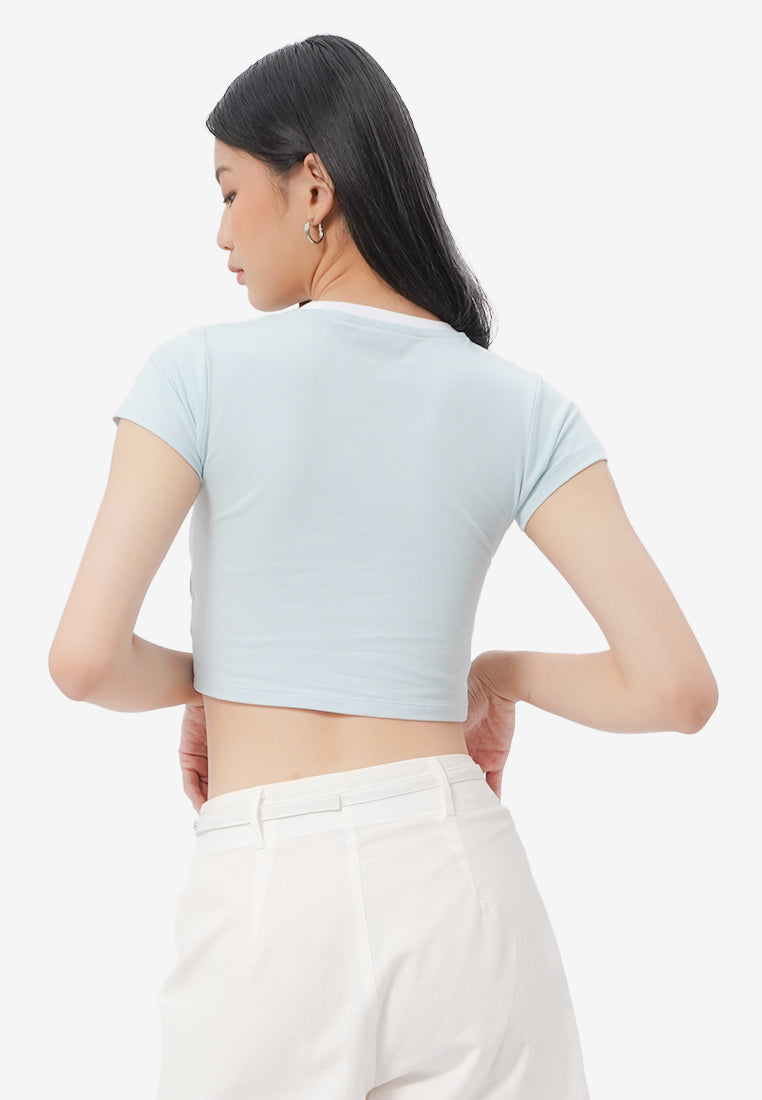 Contrast Neck Cropped T-Shirt L.Blue