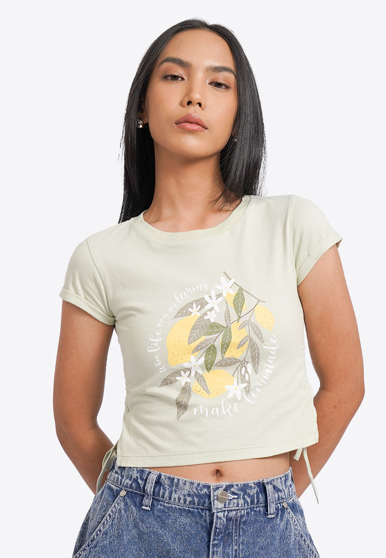 Fitted Graphic Top with Side Drawstring