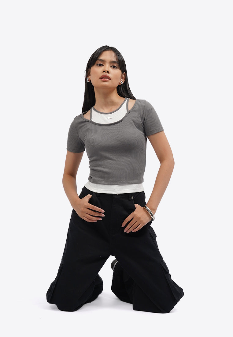 Double Layer Short Sleeve Crop Top