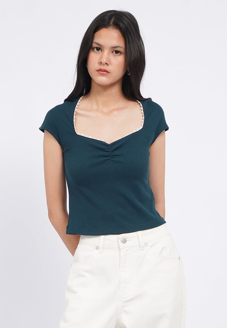 Ruched Detail Short Sleeve Rib Top