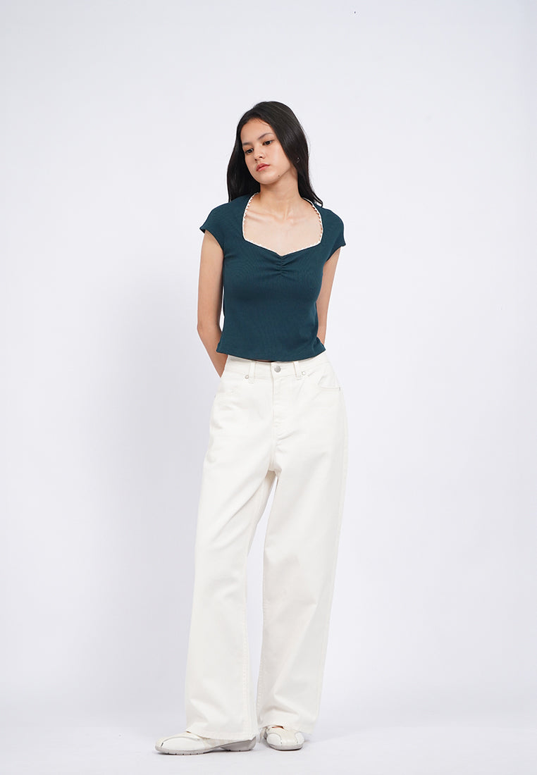 Ruched Detail Short Sleeve Rib Top