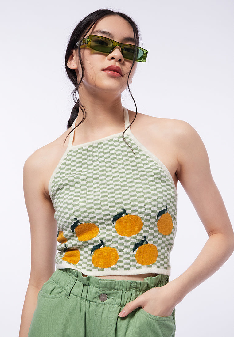 Knit Tartan Fruit Halter Top