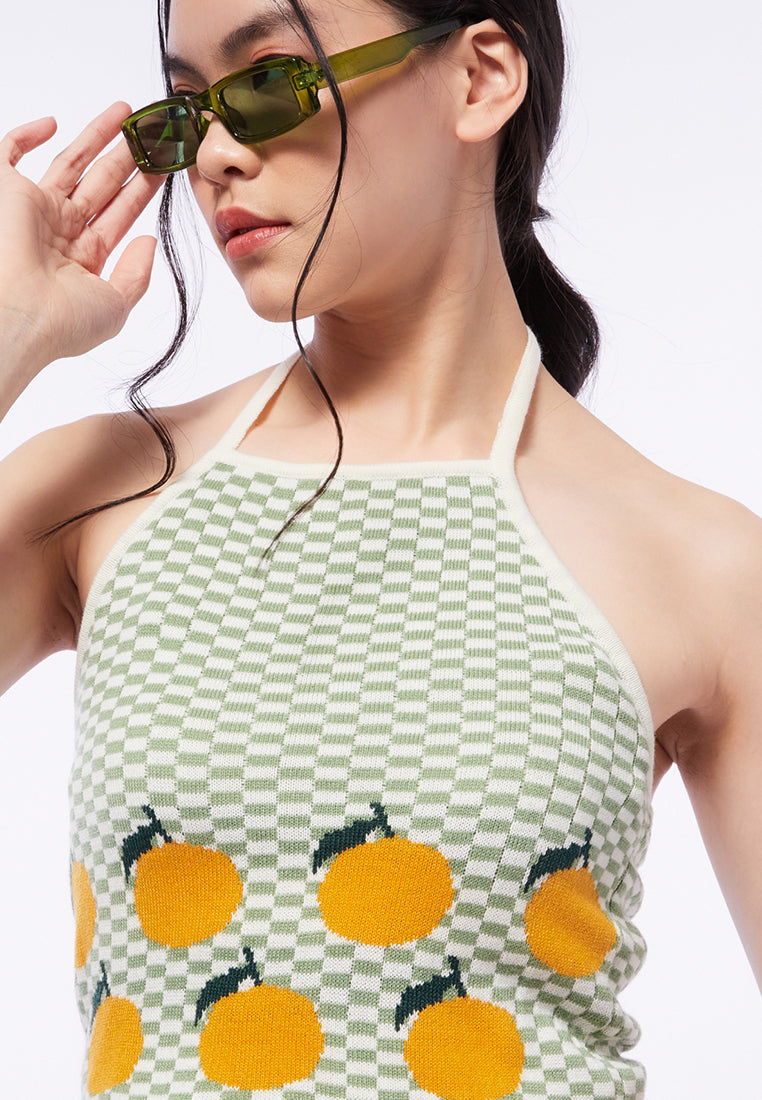 Knit Tartan Fruit Halter Top