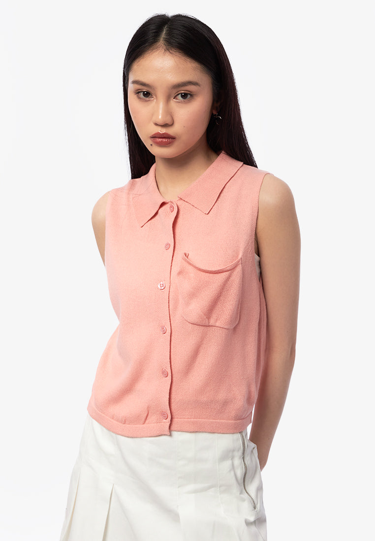 Collar Knit Sleeveless Top L.Pink