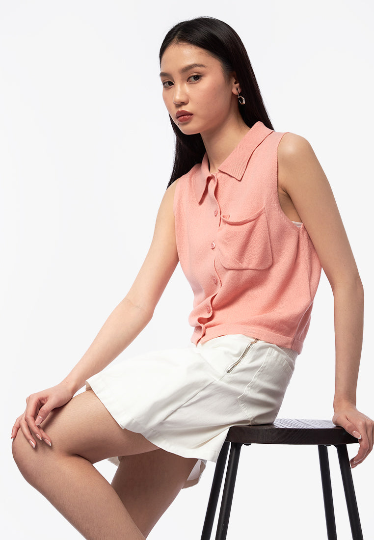 Collar Knit Sleeveless Top L.Pink