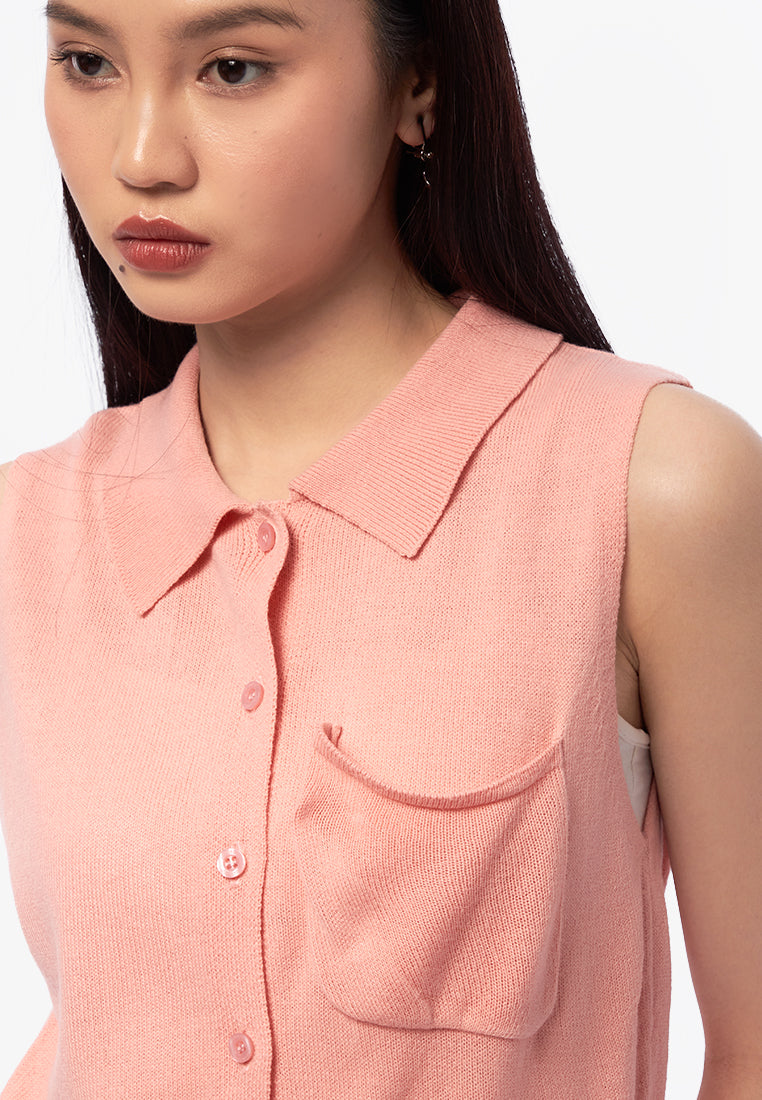Collar Knit Sleeveless Top L.Pink