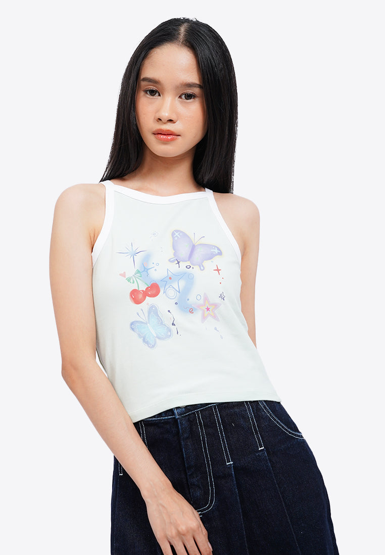Printed Y2K Halter Tank Top